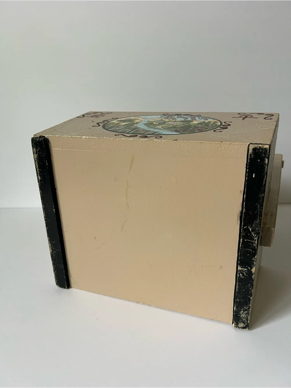 Vintage Wooden Caddy Hand-Painted with Floral Landscape Design Chinese Symbols